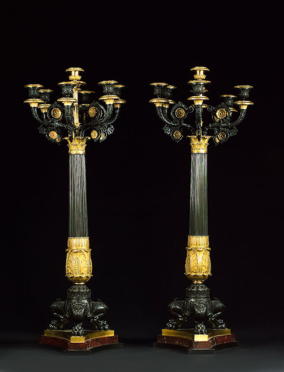 Bonhams : A large pair of Restauration gilt and patinated bronze seven ...