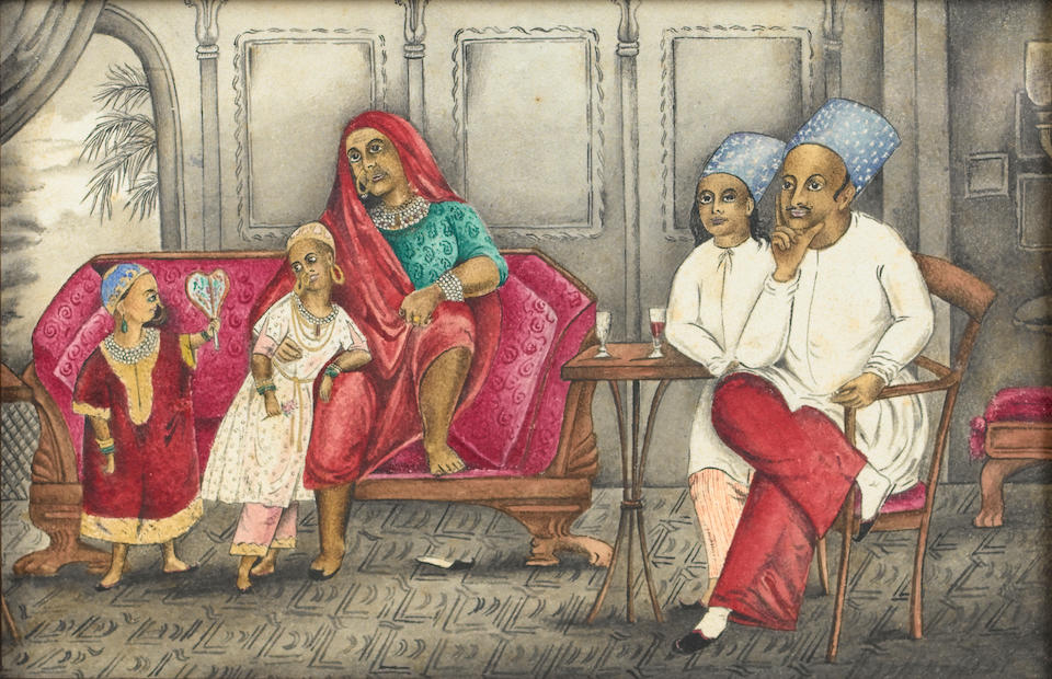 Dancing girls and musicians performing in an alcove; a Parsi family seated in a European-style drawing room Company School, perhaps Bombay, mid-19th Century(2)