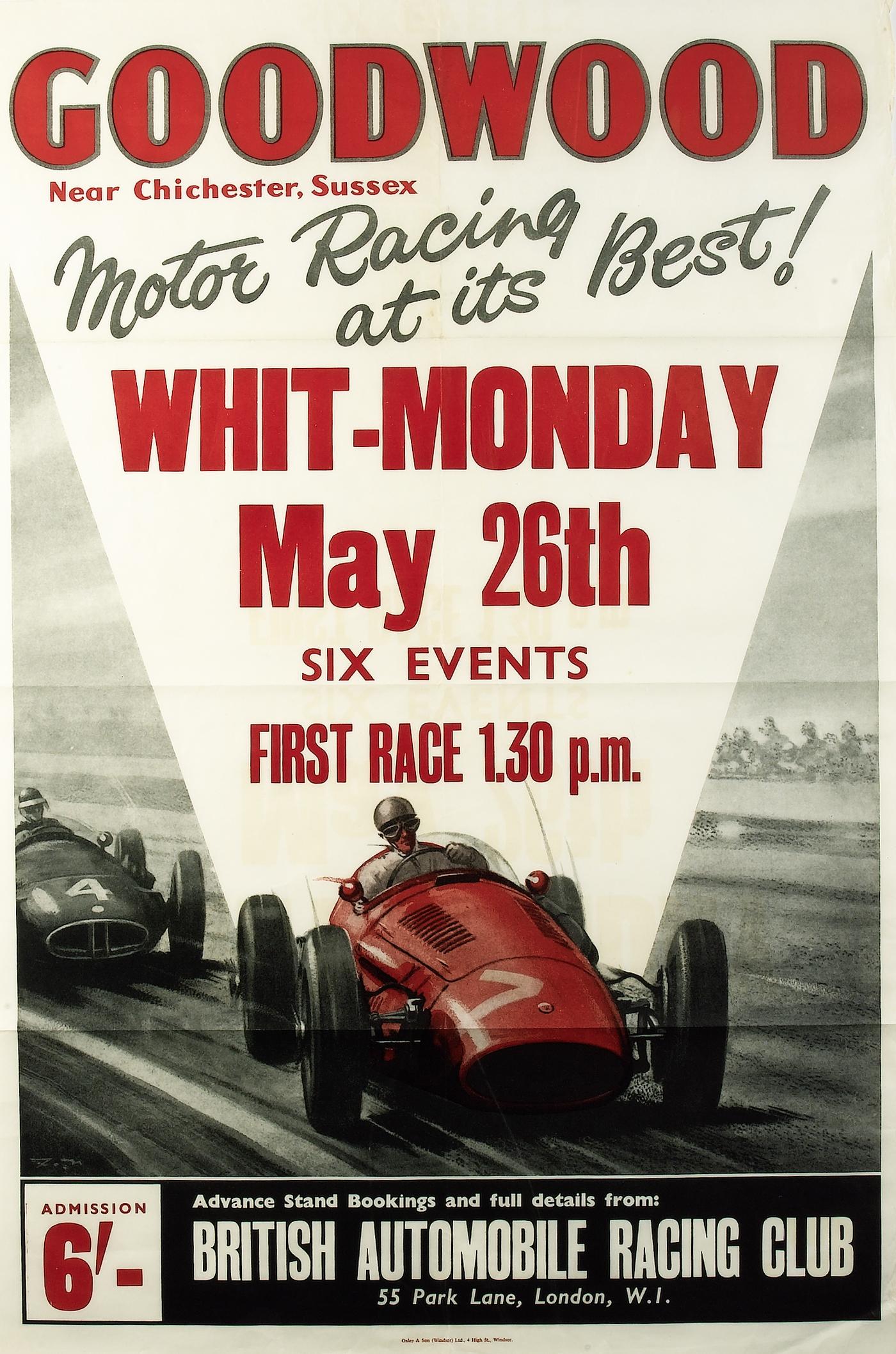 Bonhams Cars : Goodwood a Poster with artwork design by Roy Nockolds,