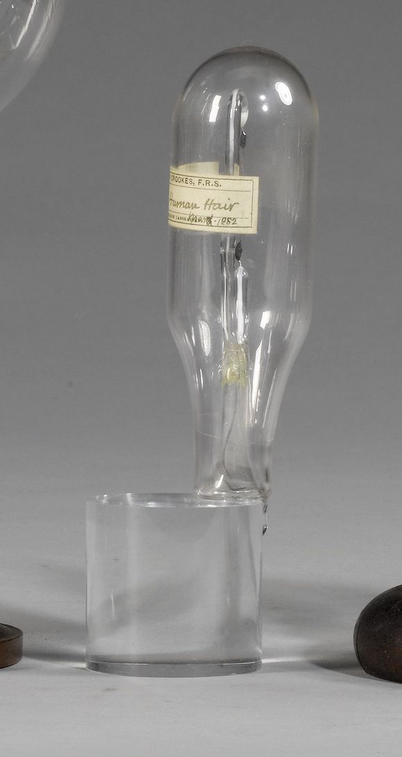 Bonhams : A Crookes light bulb with human hair filament, dated March 1882,