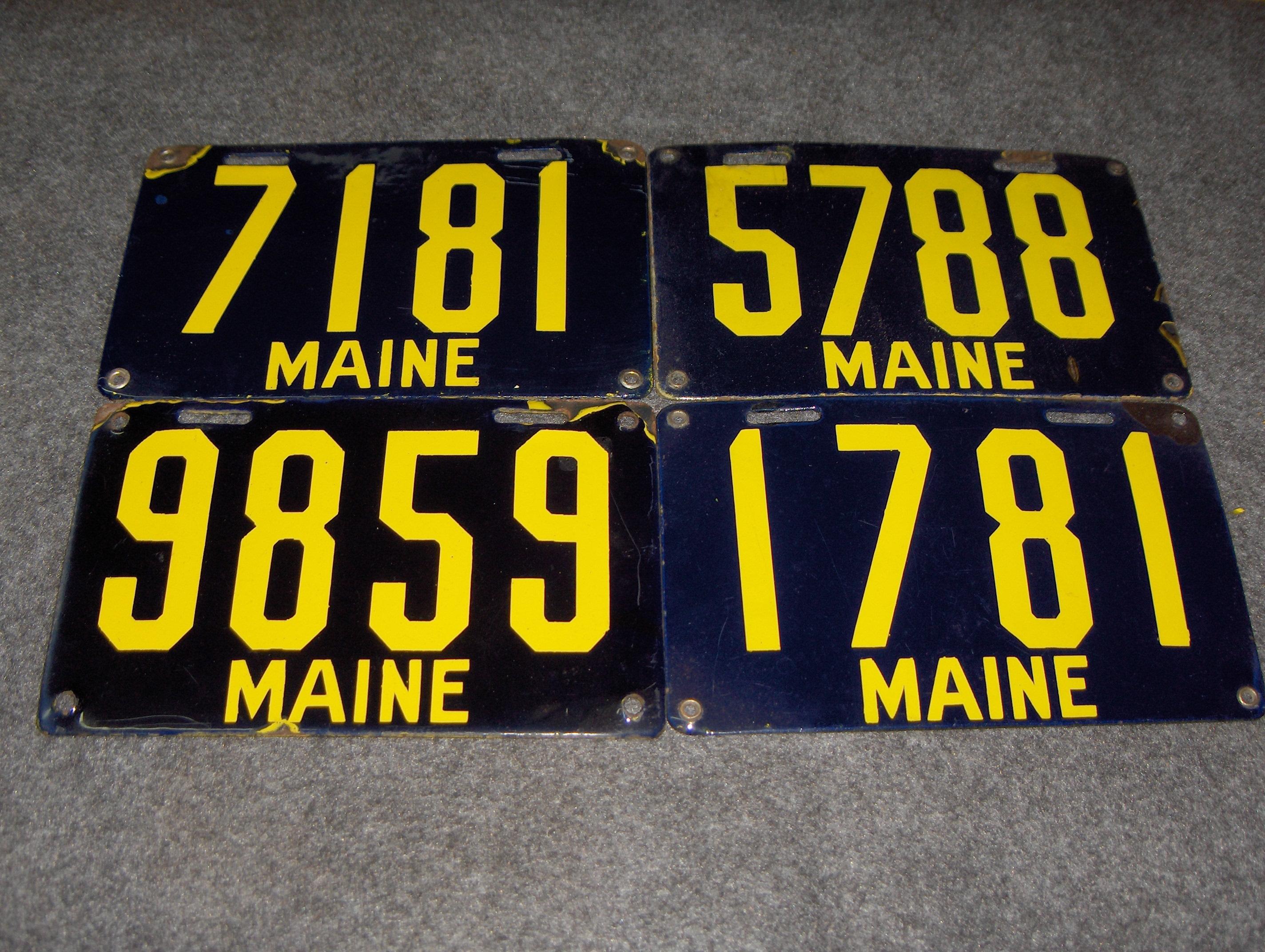 Bonhams Cars : Four porcelain enamel Maine license plates, 1913,,