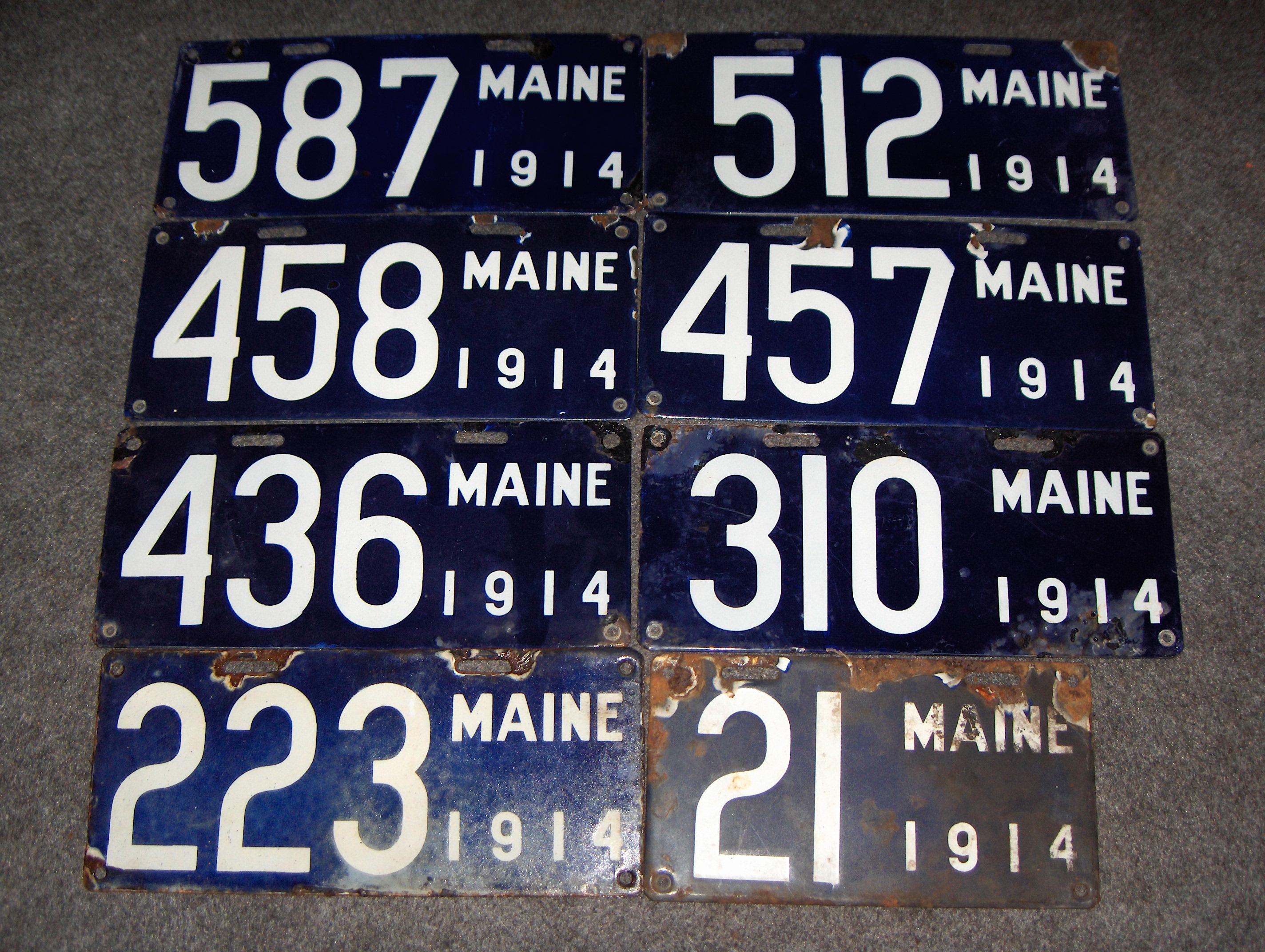 Bonhams Cars : Eight 1914 porcelain enamel Maine license plates,,