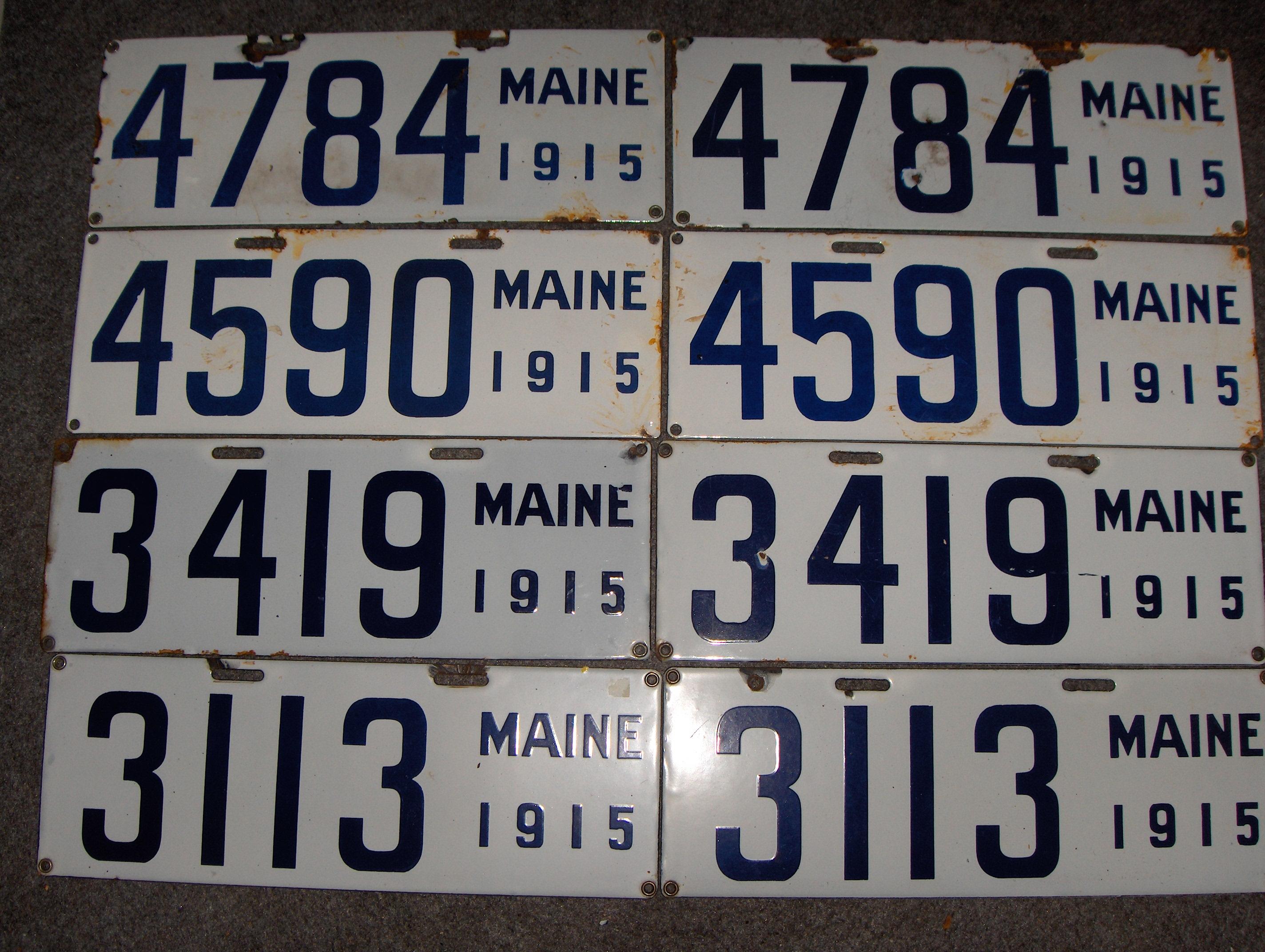 Bonhams Cars : Four pairs of 1915 porcelain enamel Maine license plates,,