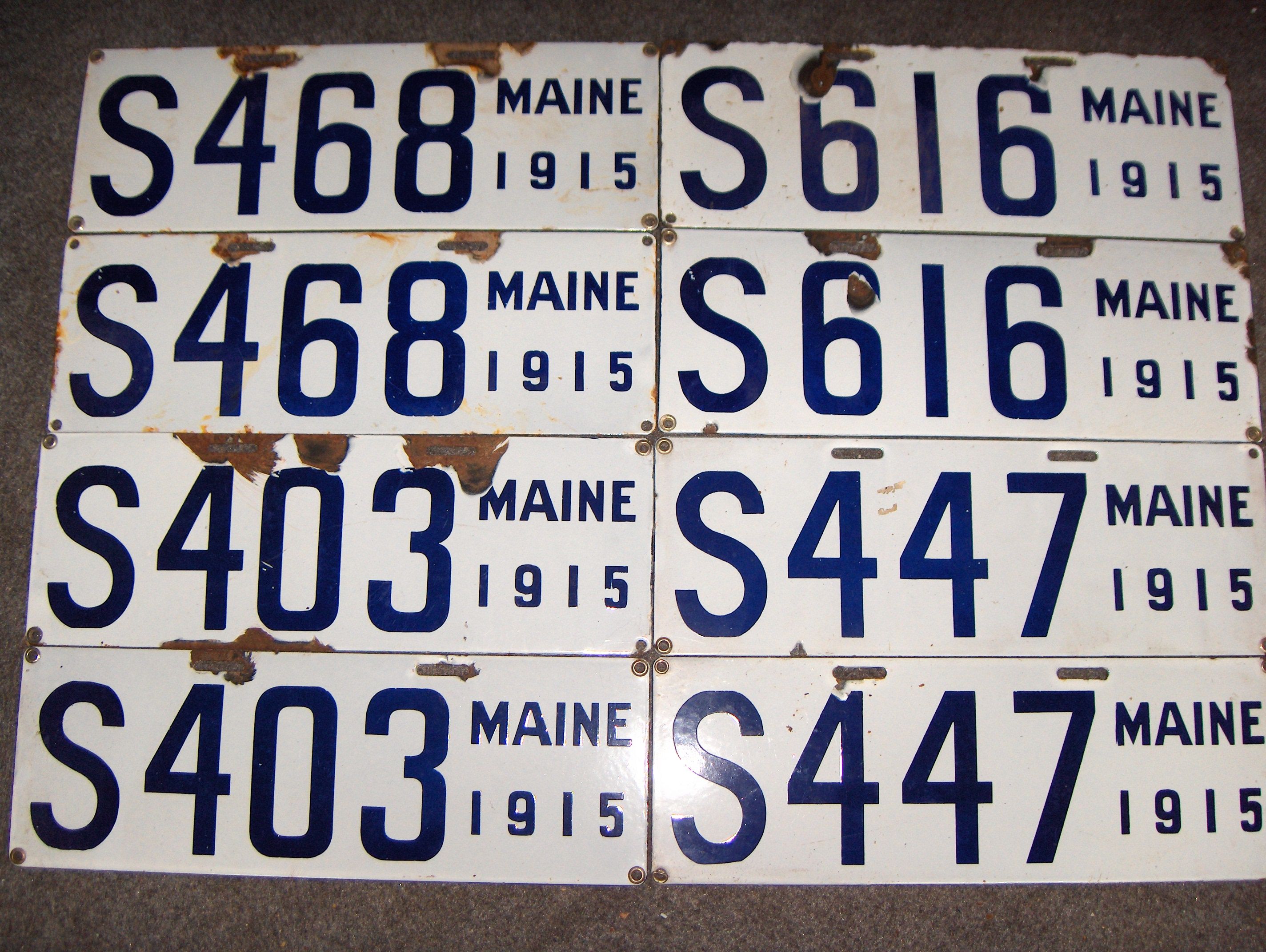 Bonhams Cars : Four pairs of 1915 porcelain enamel Maine S license plates,,
