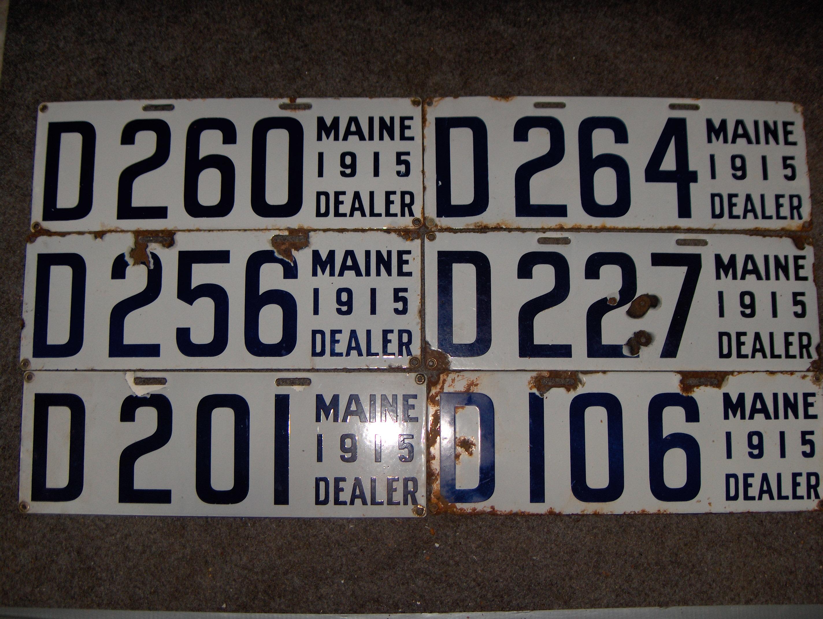 Bonhams Cars : Six 1915 porcelain enamel Maine Dealer license plates,,