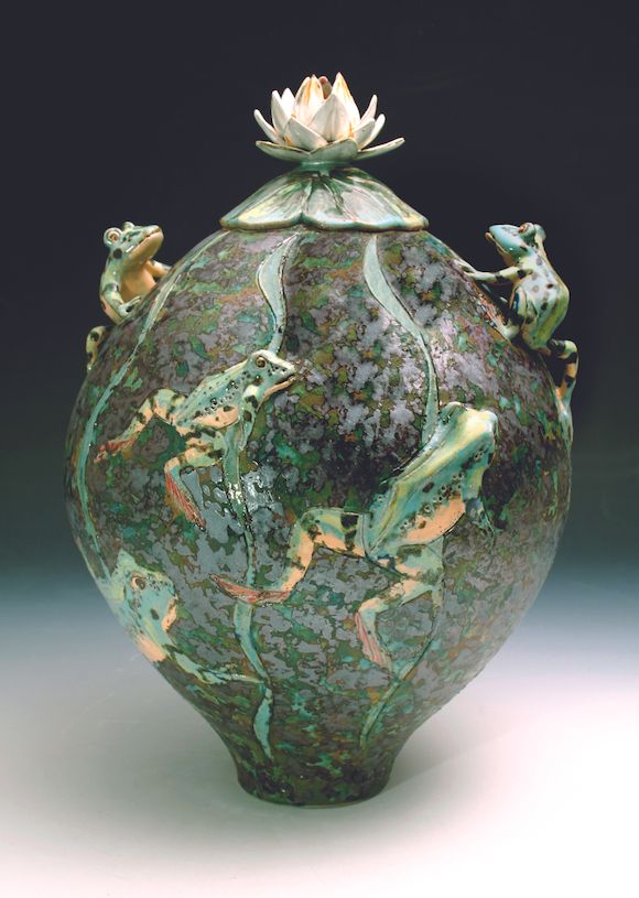 Bonhams : Roger Cockram 'Frogs with Lily' A Lidded Stoneware Jar, 2007