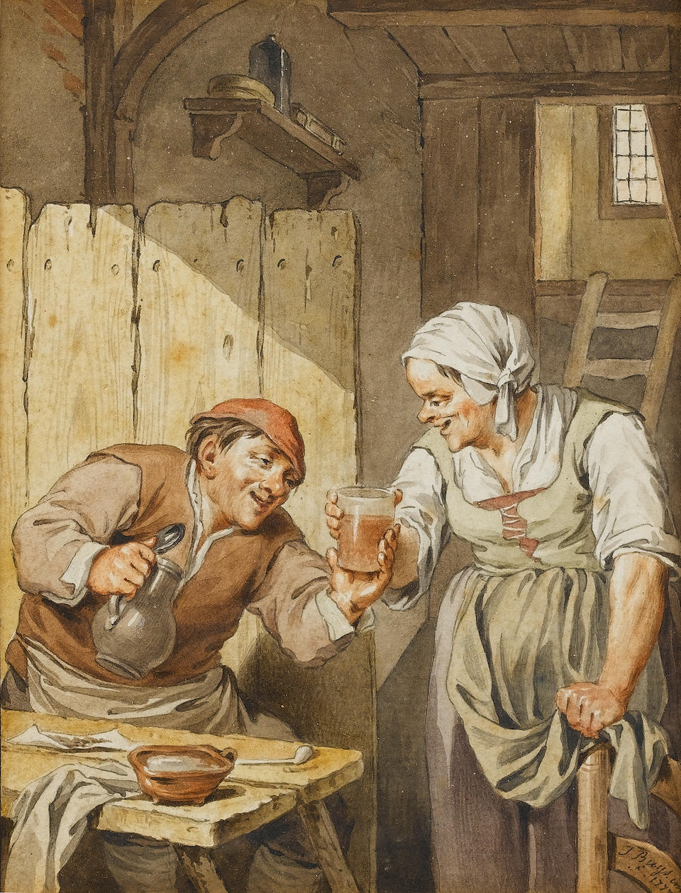 Jacobus Buys (Amsterdam 1724-1801) A tavern interior with peasants seated at a table; and A tavern interior with a peasant holding a glass of ale 146 x 112 mm. (2)