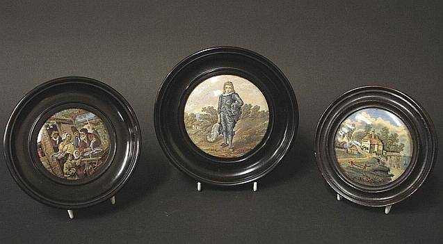 Three framed Pratt ware pot Lids