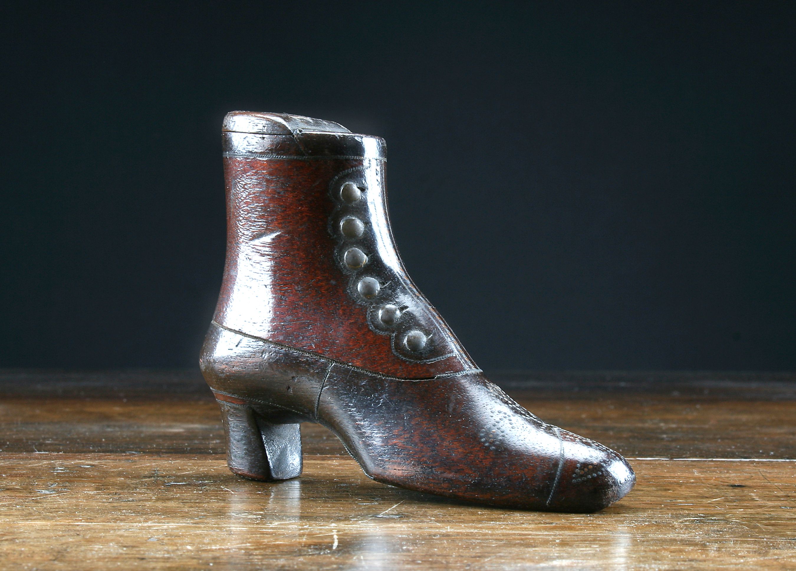A dated 19th century treen boot-form double snuff box