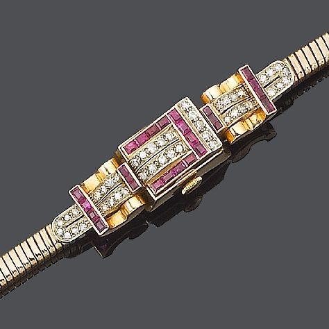 A ruby and diamond cocktail watch,