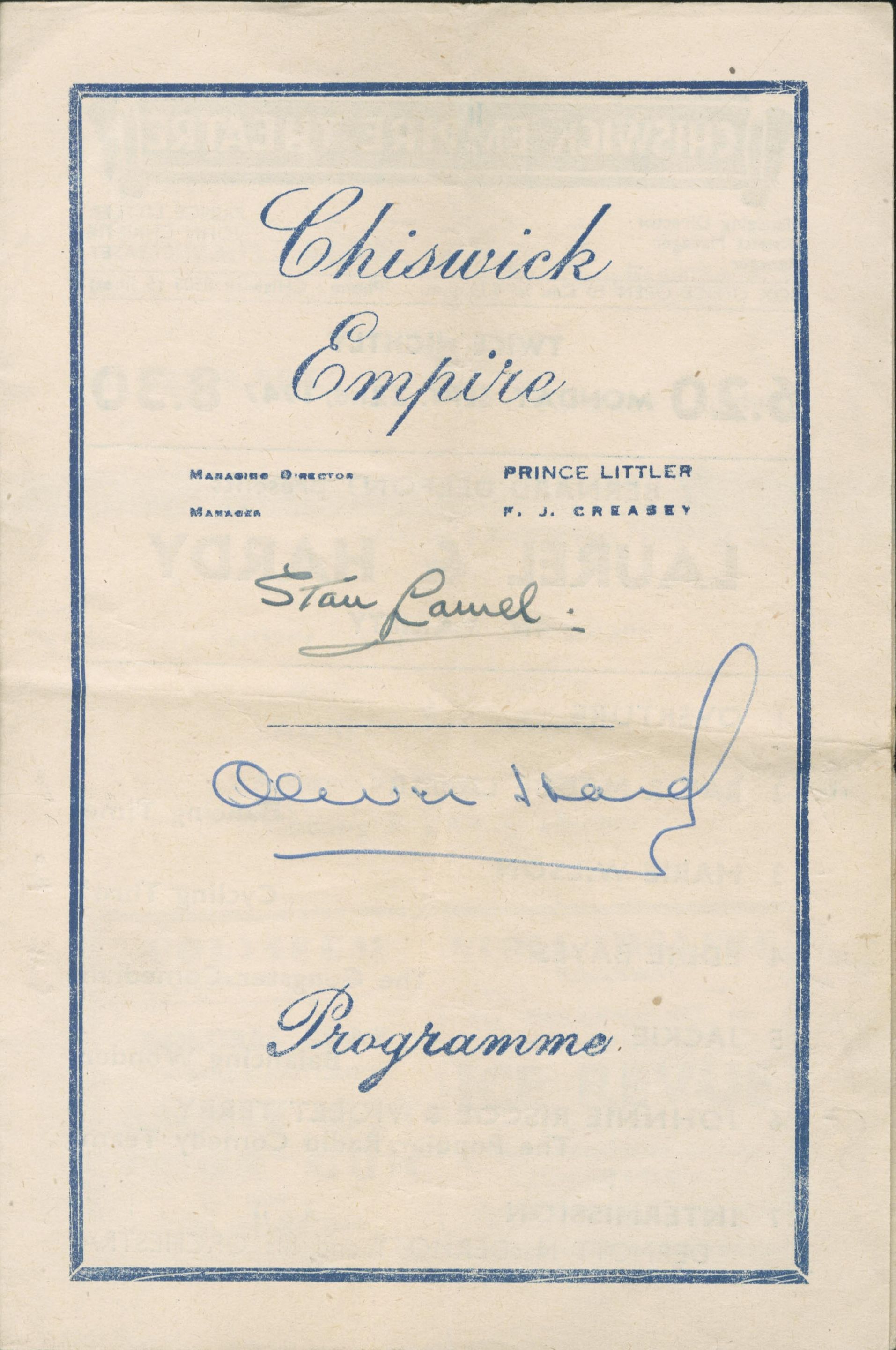 A Laurel & Hardy signed theatre programme,
