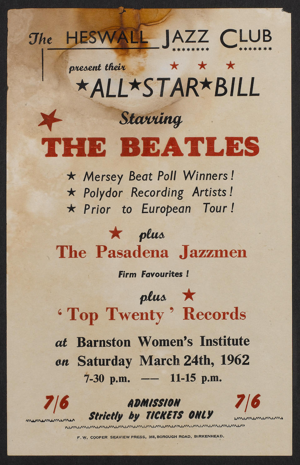 A handbill for the Beatles at the Heswall Jazz Club, Saturday, 24th March 1962,