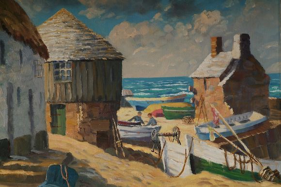 Bonhams : Hugh E. Ridge (British, died 1976) Cornish fisherman working ...