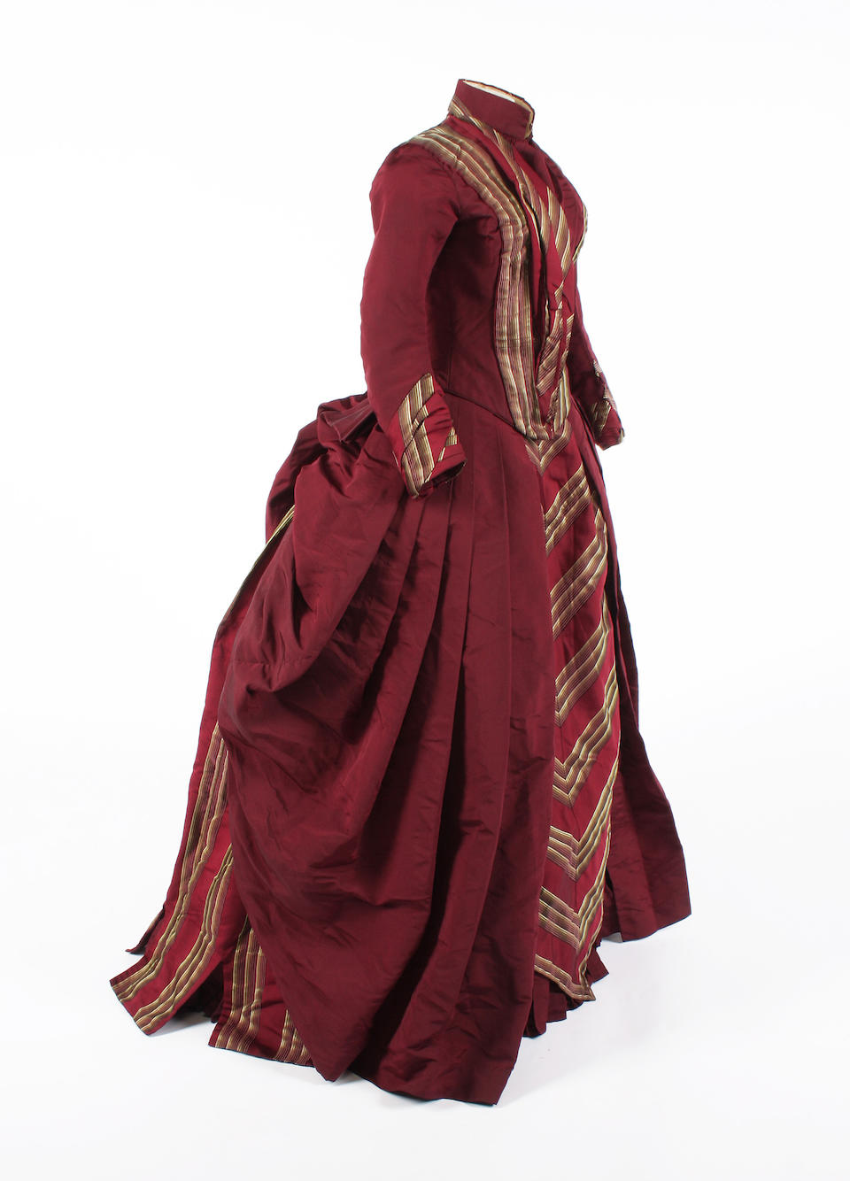 Bonhams : A aubergine silk late 19th century dress with green striped ...