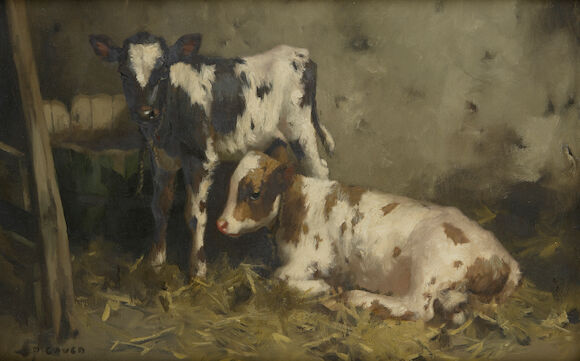 Bonhams : David Gauld, RSA (British, 1865-1936) Two calves in a byre