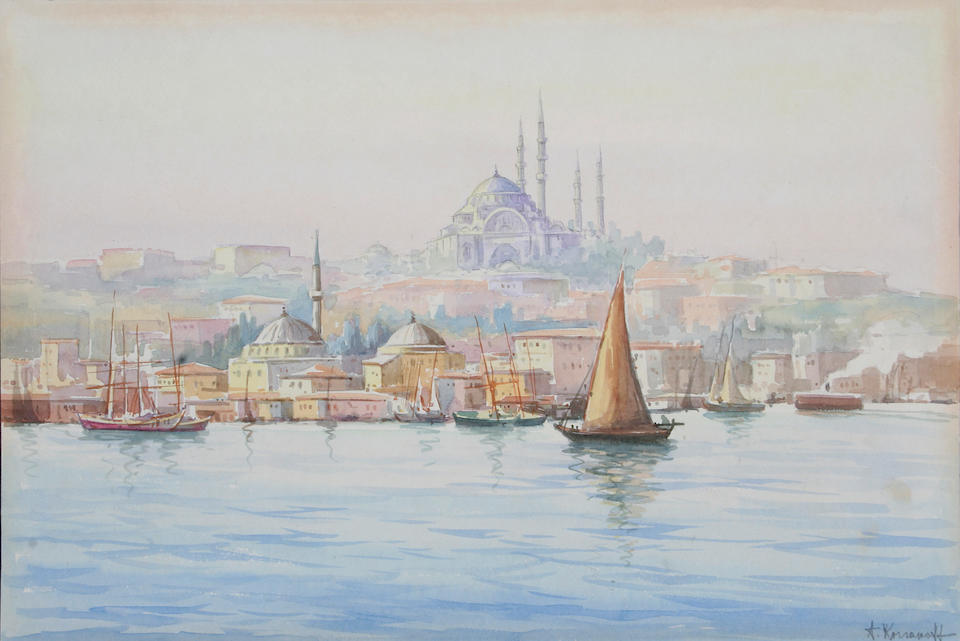 Cherif (Turkish, early 20th century) A view of Istanbul with the Golden Horn and Haggia Sophia, and 29 x 42cm (2).