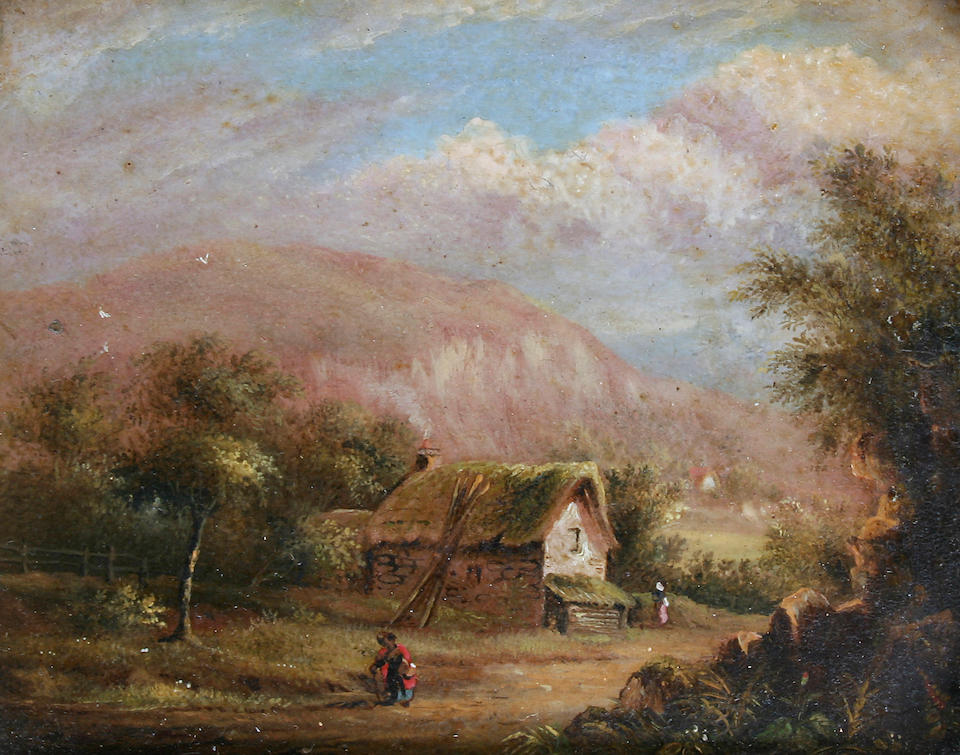 Follower of James Arthur O'Connor  (Irish, 1792-1841) River landscape with figures, together with another of a cottage with figure on a pathway, a pair,