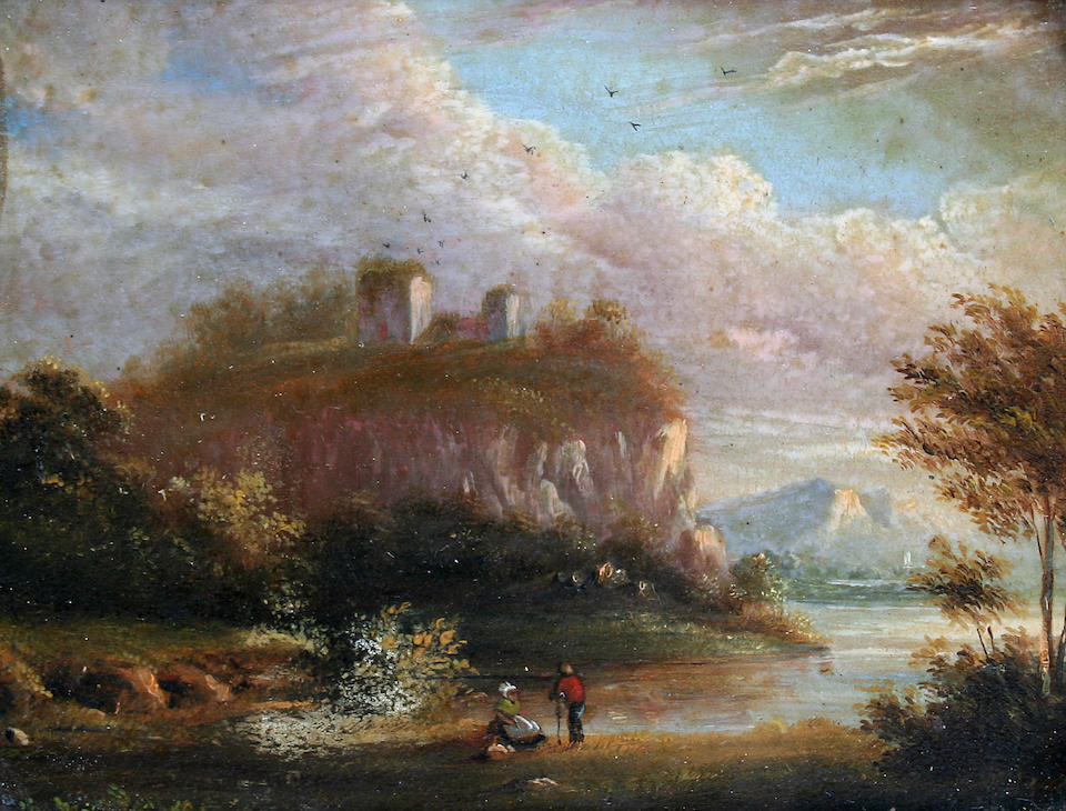 Follower of James Arthur O'Connor  (Irish, 1792-1841) River landscape with figures, together with another of a cottage with figure on a pathway, a pair,