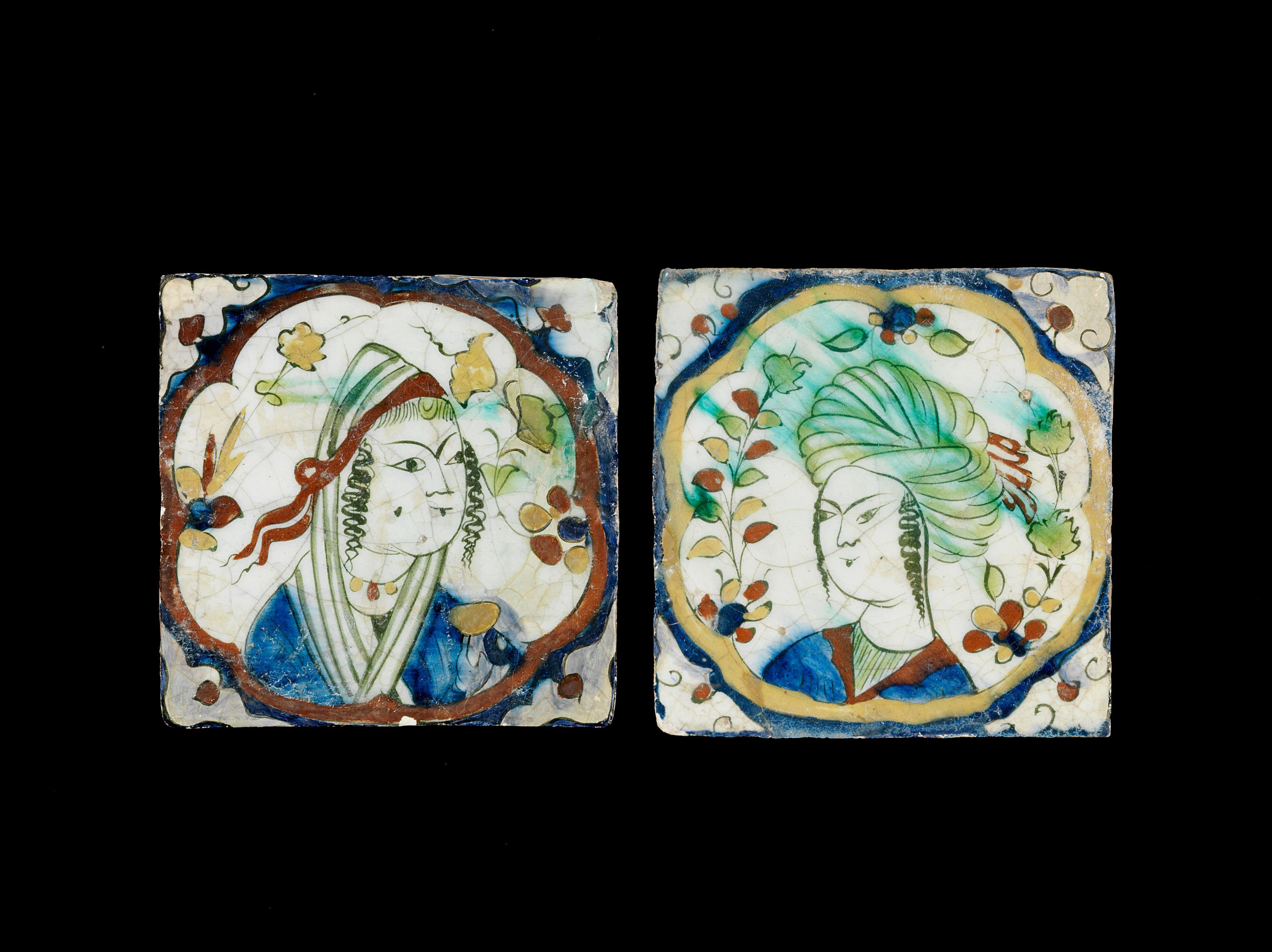 Two rare Kubachi figural pottery Tiles Persia, circa 1600