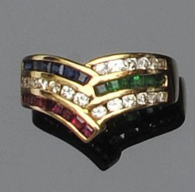 A ruby, sapphire, diamond and emerald set wishbone ring