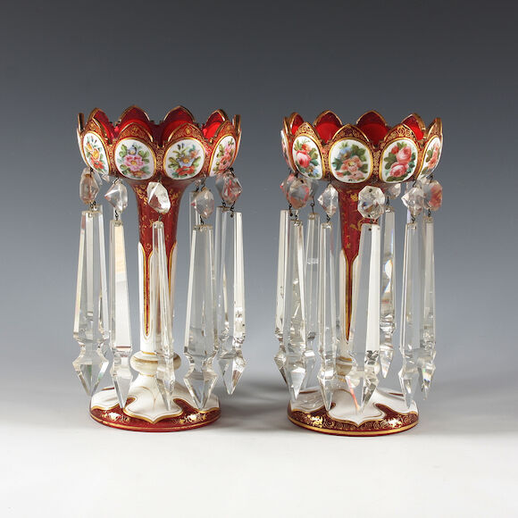 Bonhams : A pair of Bohemian ruby overlay glass table lustres 19th Century.