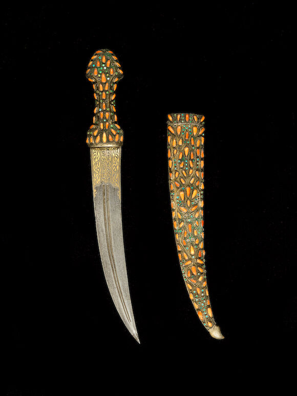 Bonhams : A rare Ottoman coral-set and gold damascened steel Dagger ...