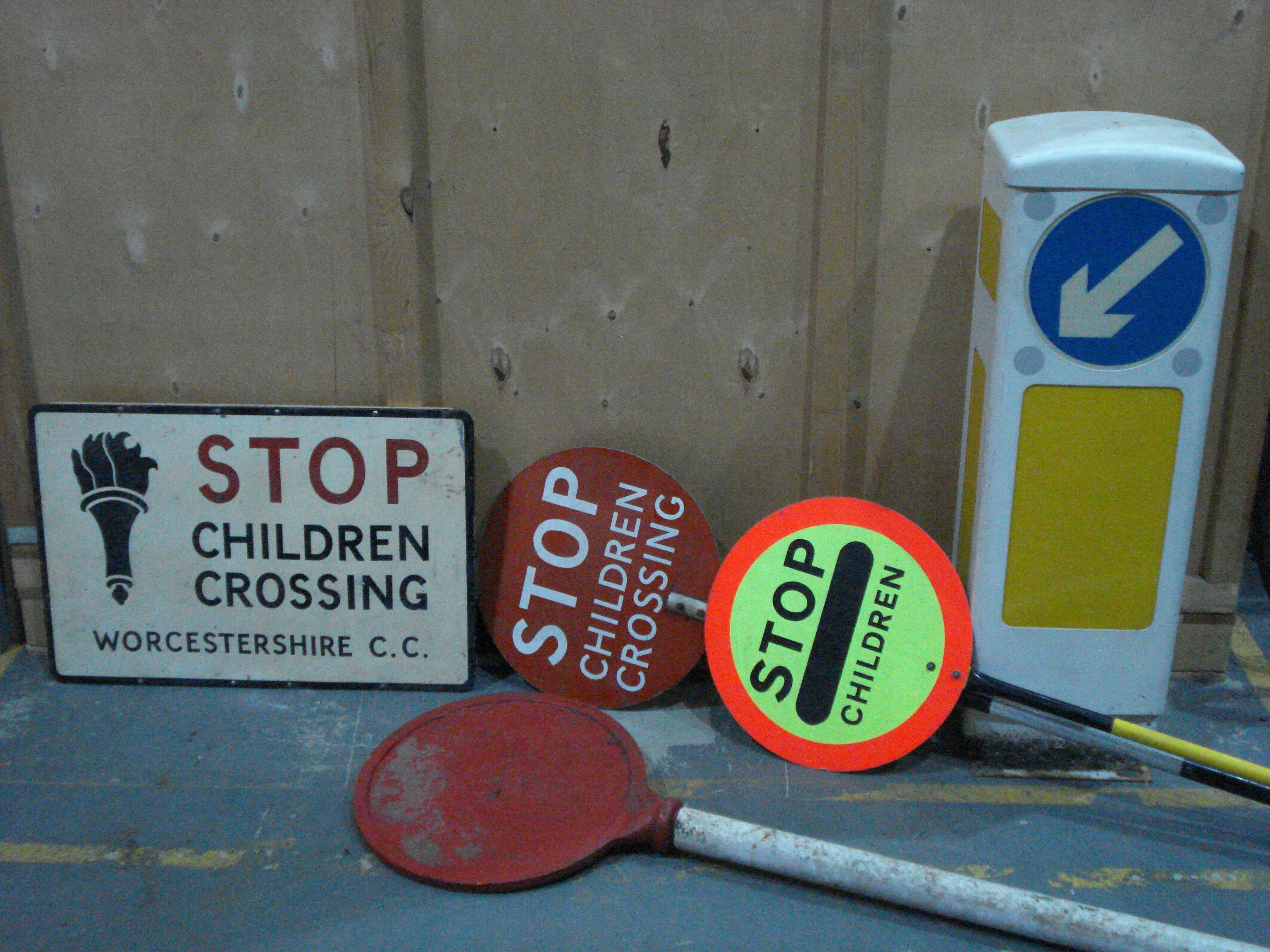 Bonhams Cars : Three 'Stop - Children Crossing' signs, and two other signs,
