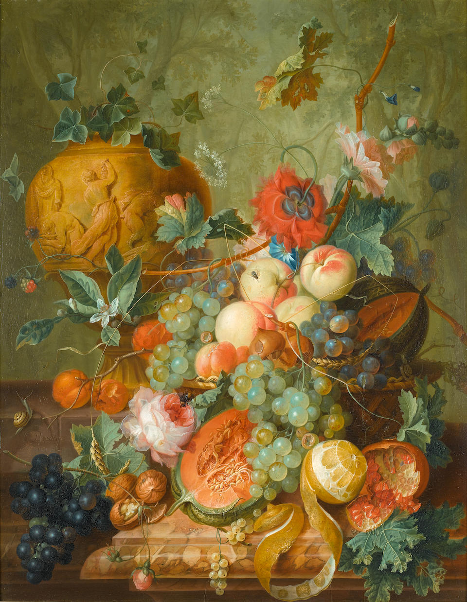 Johannes Christianus Roedig (The Hague 1751-1802) Tulips, roses and other flowers in a classical urn overturned by a cat chasing a mouse with a statue of Flora beyond; and Peaches, grapes, pumpkins, a lemon, a pomegranate and other fruit and flowers in a wicker basket on a marble plinth, with a classical urn beyond (2)