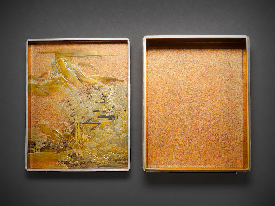 An unusual matching gold lacquer and silver-inlaid ryoshibako (document box) and suzuribako (writing box) set By Chikueido Eishin (1849-1915), Meiji Period