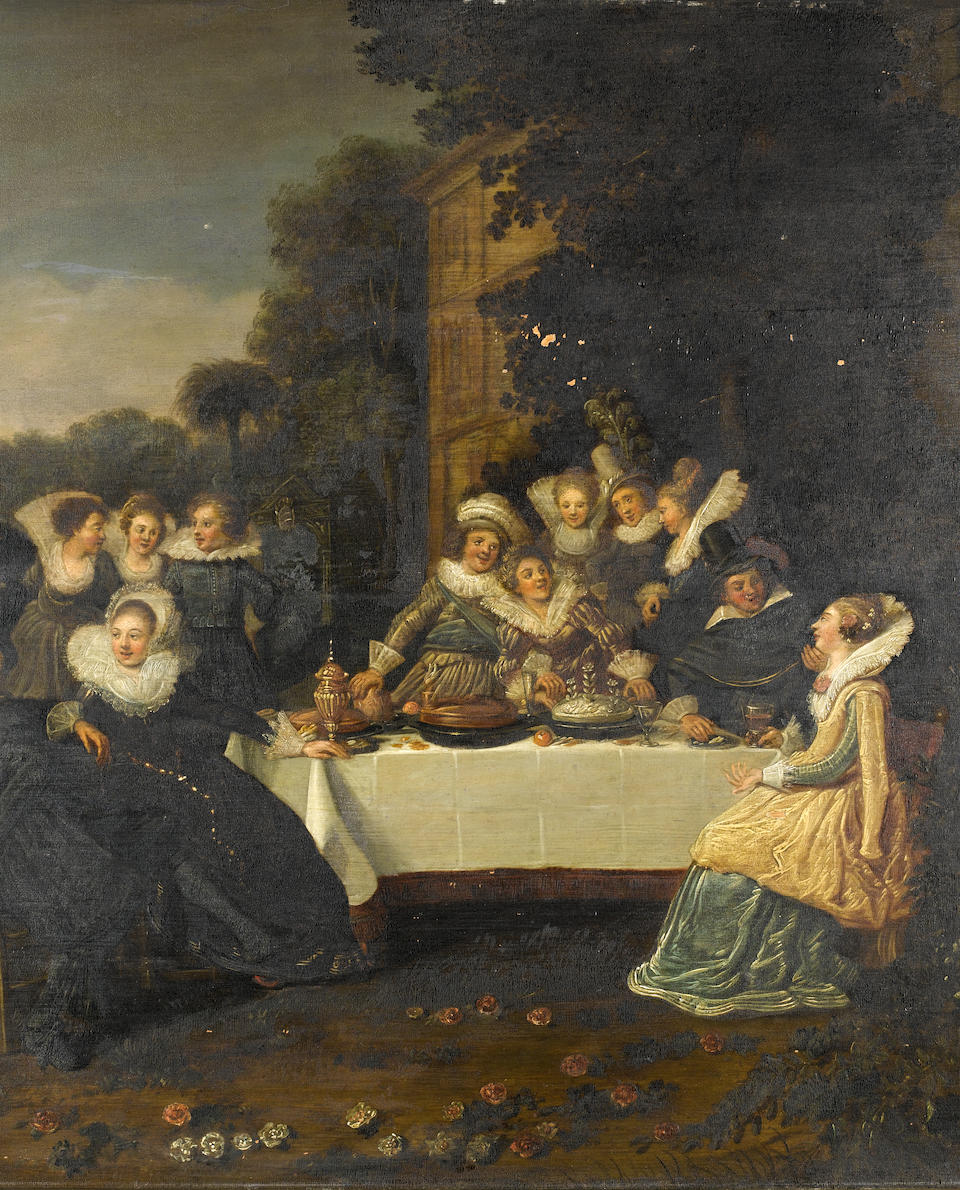Circle of Dirck Hals (Haarlem circa 1591-1656) Elegant figures in a garden, seated at a banquet
