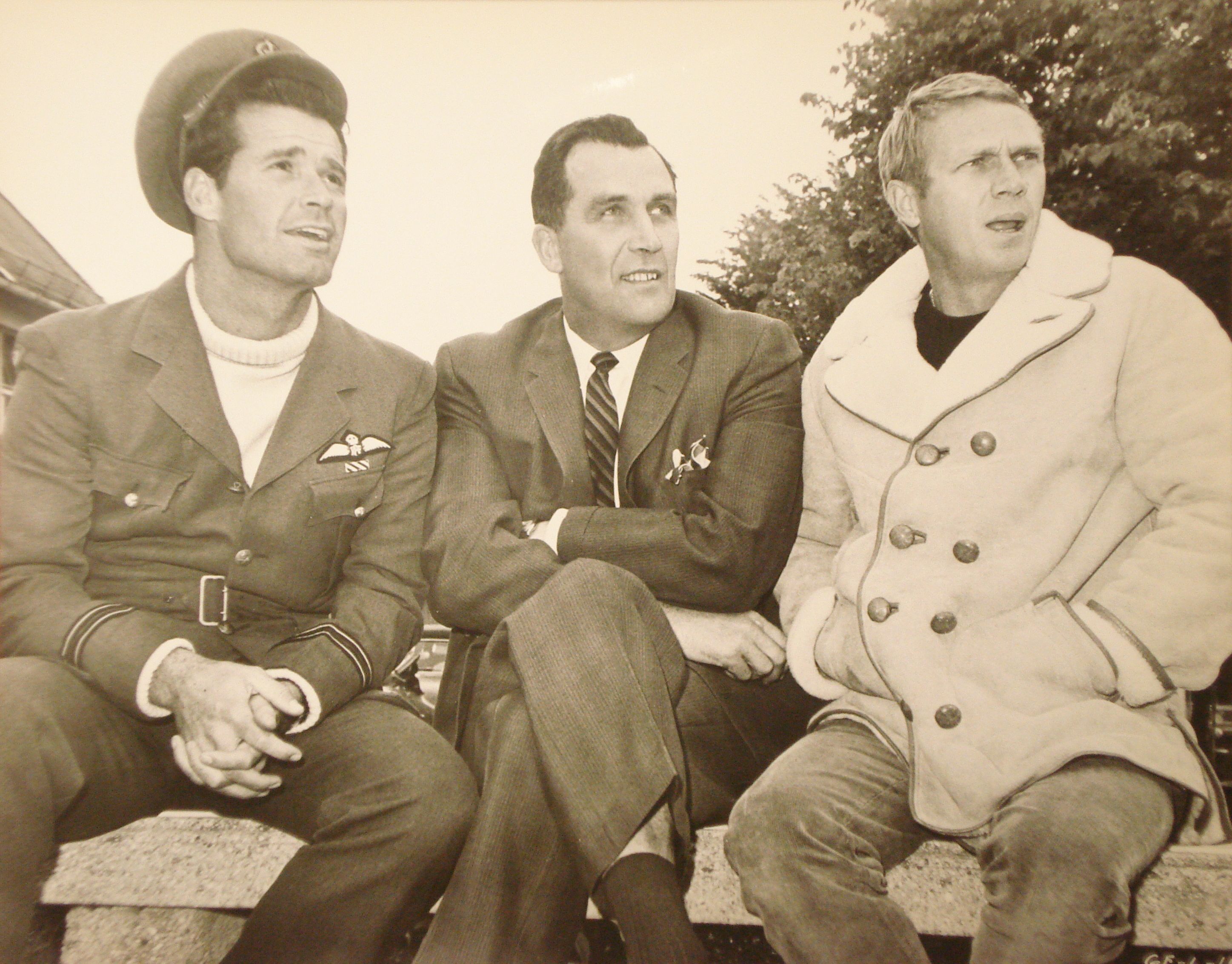A photograph of Steve McQueen with James Garner during filming of 'The