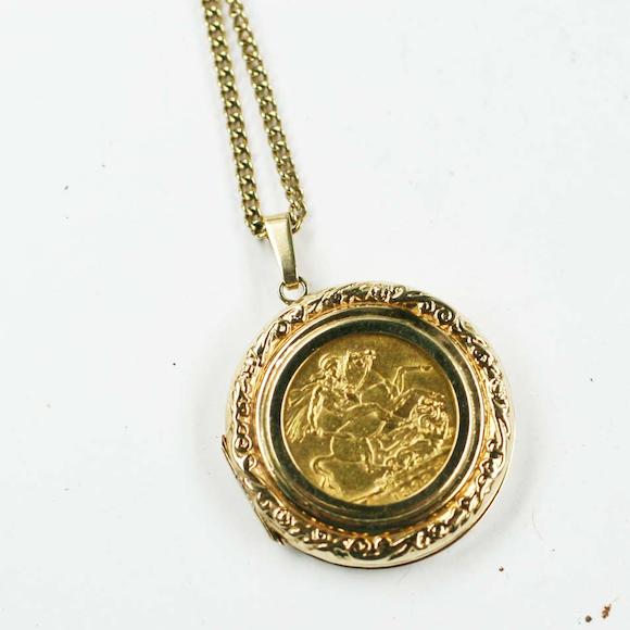 Bonhams : A 9ct gold circular hinged locket, inset with a Queen ...