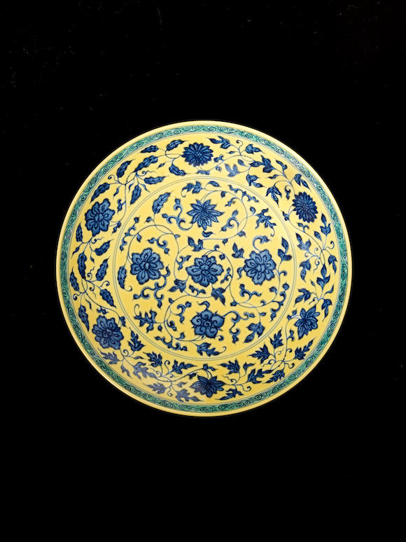 Bonhams A Blue And Yellow Lotus Dish Daoguang Seal Mark And Of The