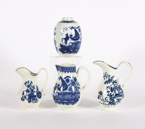 Bonhams : Two Worcester jugs and a canister and a Caughley jug