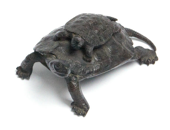 Bonhams : A small Japanese bronze model of two turtles late 19th century