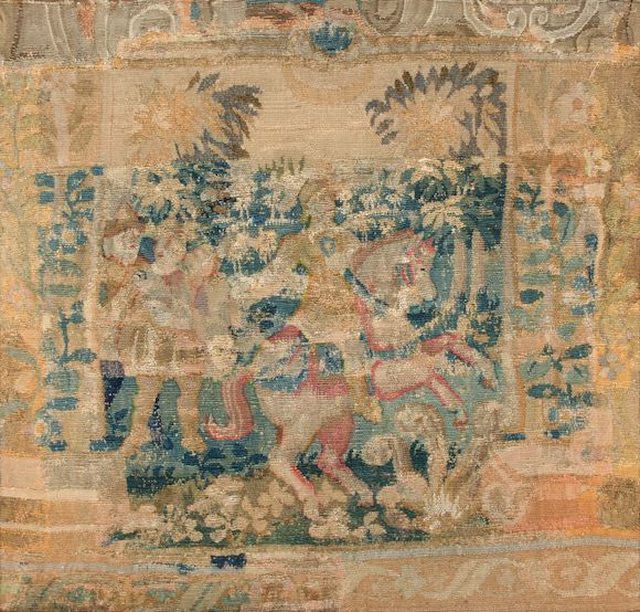 Ancienne Tapisserie Vintage Sous Cadre - Scène De Parc Avec Personnages Et Tramway - Déco Rétro Pour Mur