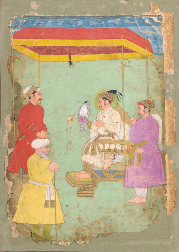 Bonhams The Mughal Emperor Jahangir Reg 1605 27 Holding A Falcon Enthroned Under A Red