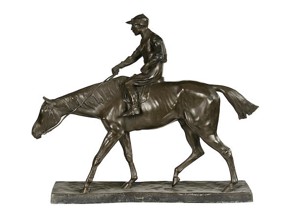 Bonhams : A 20th century spelter model of race horse with jockey ...