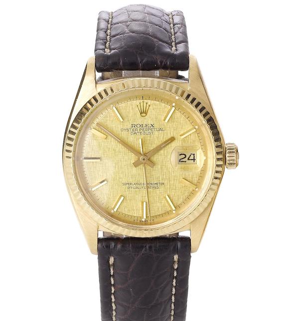 Bonhams : Rolex. A fine 18ct gold automatic calendar wristwatchRef.1601 ...