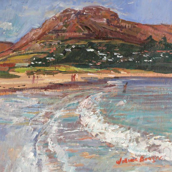 Bonhams : William Bowyer RA (British, born 1926) Beach scene with hills ...