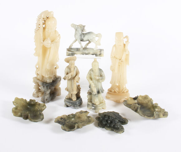 Bonhams : Four Chinese soapstone figures, a model of a horse, three ...