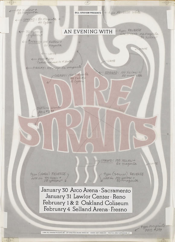 Bonhams Original Poster Artwork By Gary Grimshaw For Dire Straits At The Oakland Coliseum And