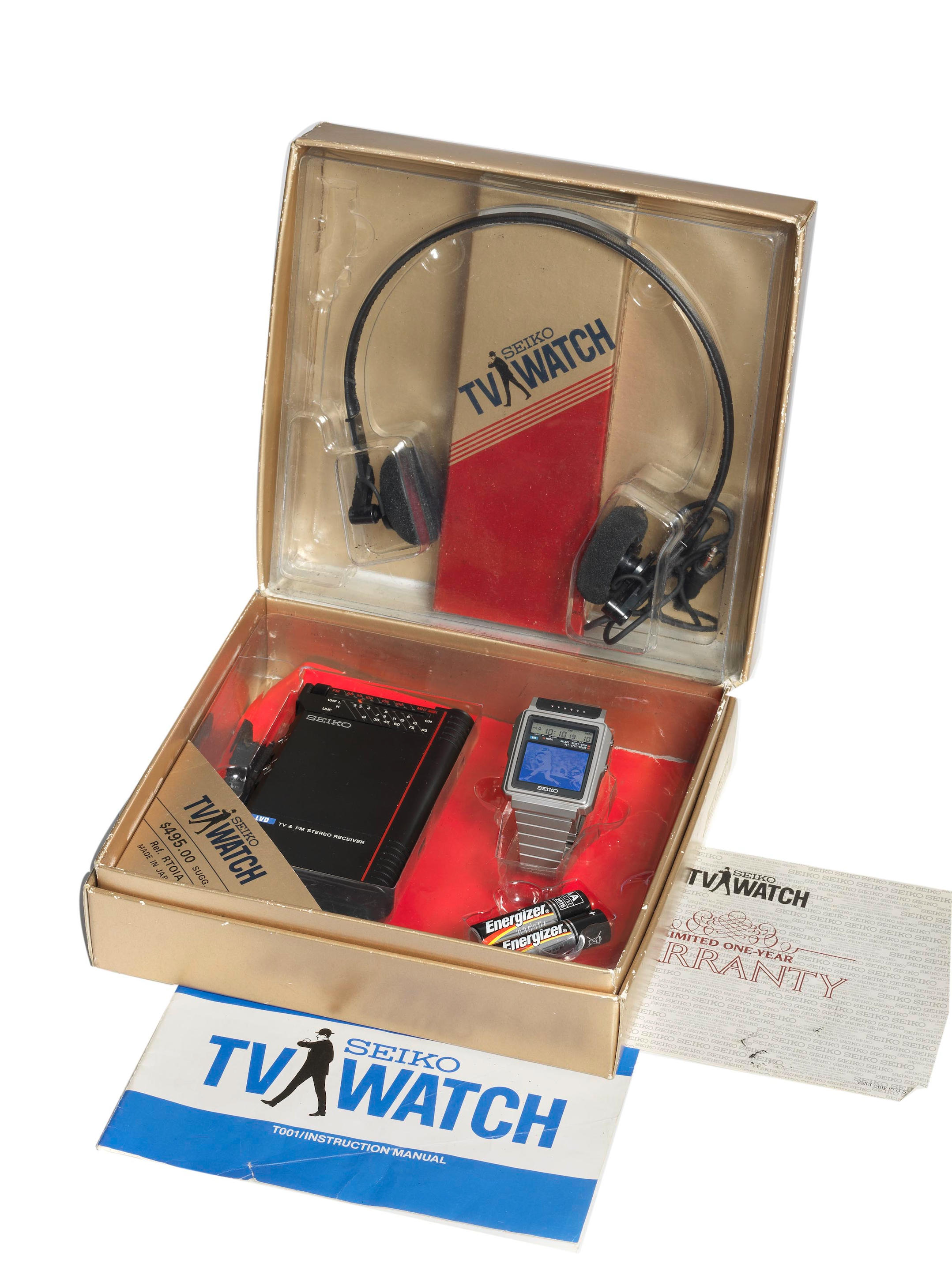 Bonhams : Seiko. A rare first production TV-Wristwatch, together with  original display box, telephone box and radio receiver and papers Made 1983