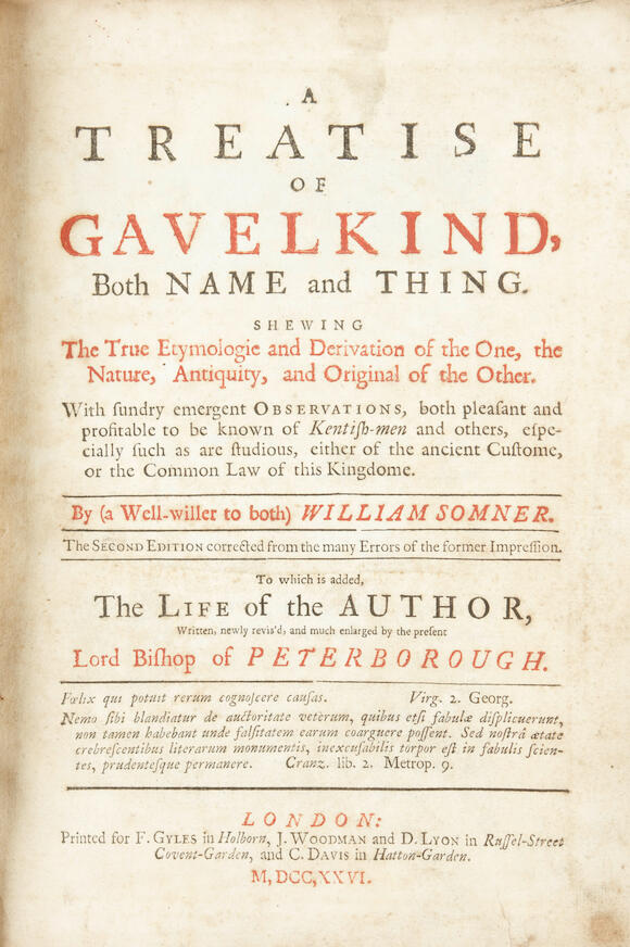 Bonhams SOMNER (WILLIAM) A Treatise of Gavelkind, Both Name and Thing
