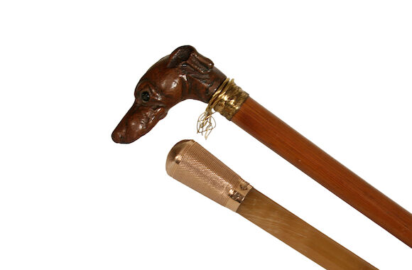 Bonhams : A gold mounted horn riding crop and another with carved wood ...