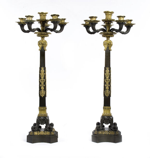 Bonhams : A pair of patinated and gilt bronze six light candelabra in ...