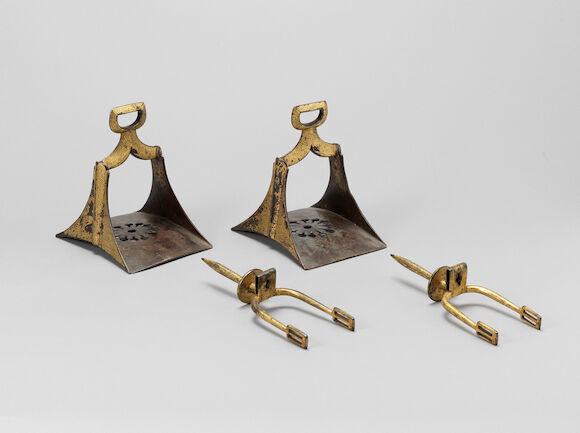 Bonhams : A pair of Ottoman gold damascened steel Stirrups and Spurs ...