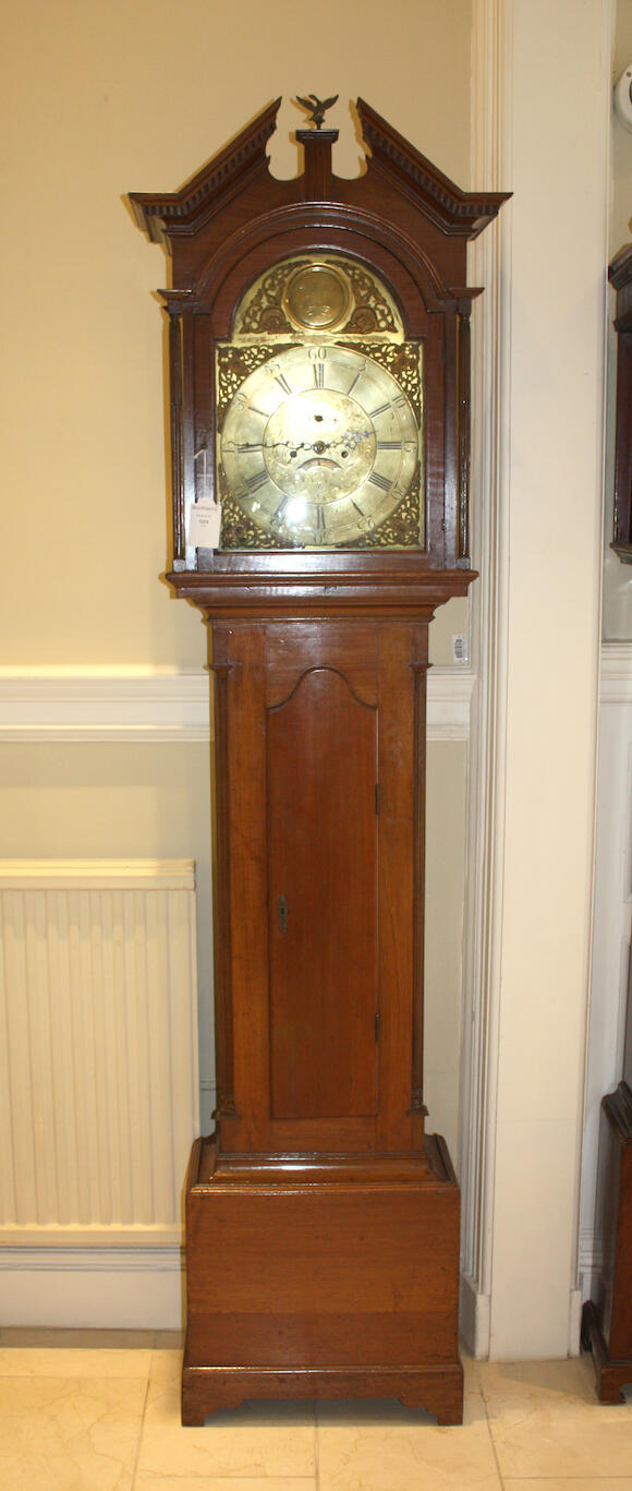 Bonhams A III fruitwoodcased 8day brass dial longcase clock