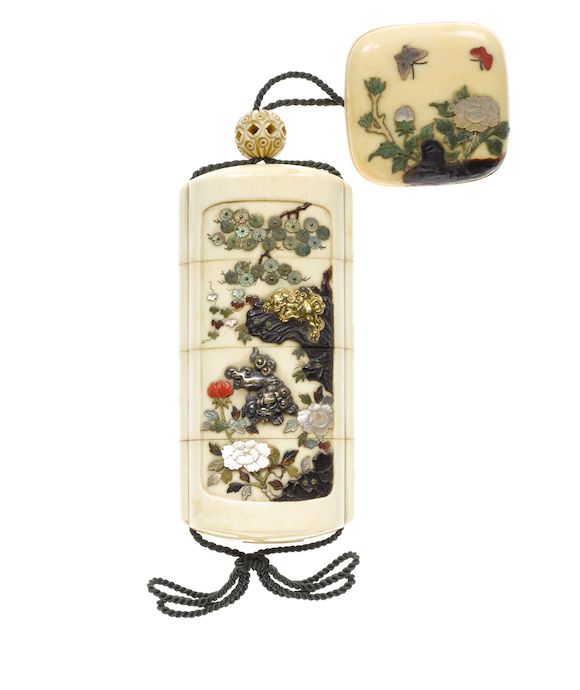 bonhams-an-ivory-shibayama-inlaid-three-case-inro-by-shibayama