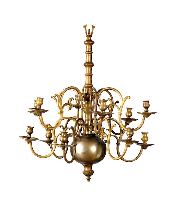 Bonhams : An 18th Century style Dutch brass twelve branch chandelier,